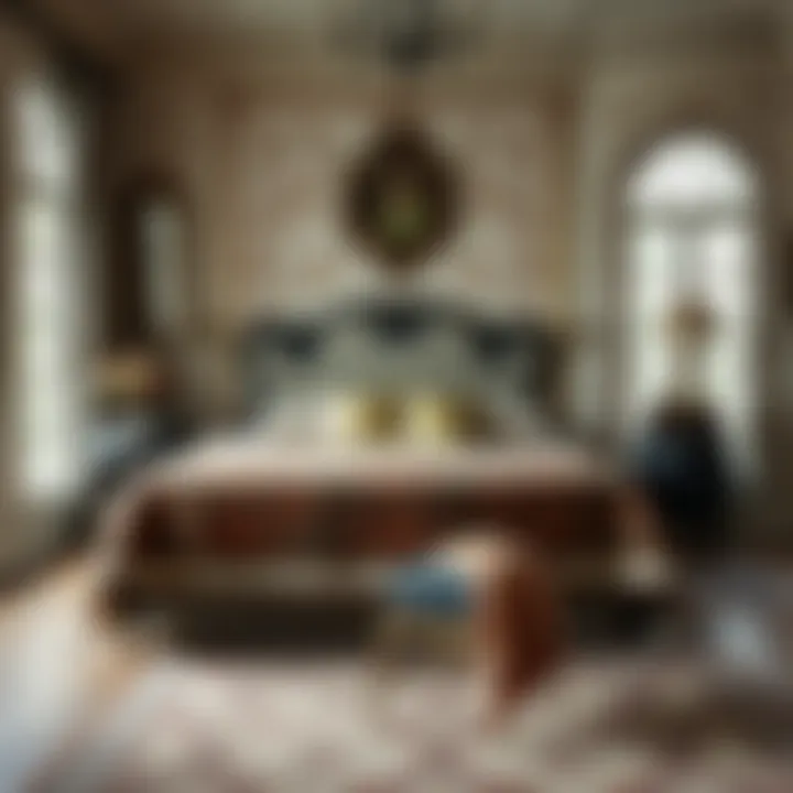 A vintage room showcasing Art Nouveau bedspread in a contemporary setting