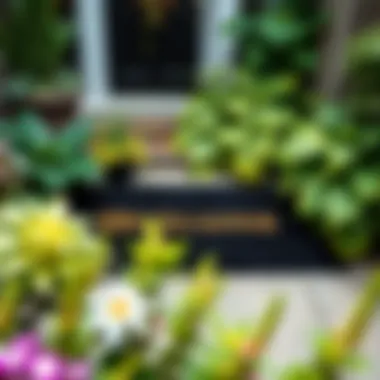 Black Welcome Mat Complementing Nature Black welcome mat amidst lush outdoor plants