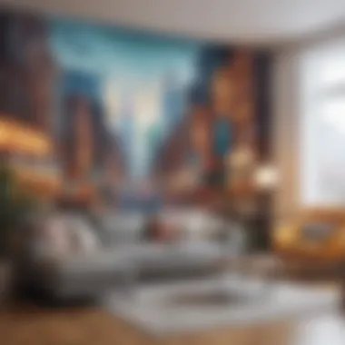 Vibrant cityscape mural bringing life to a living room wall