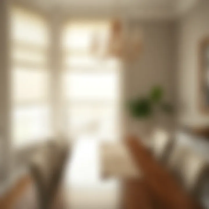 Luxurious Sheer Shades in a Dining Area Luxurious sheer shades filtering sunlight in a dining area