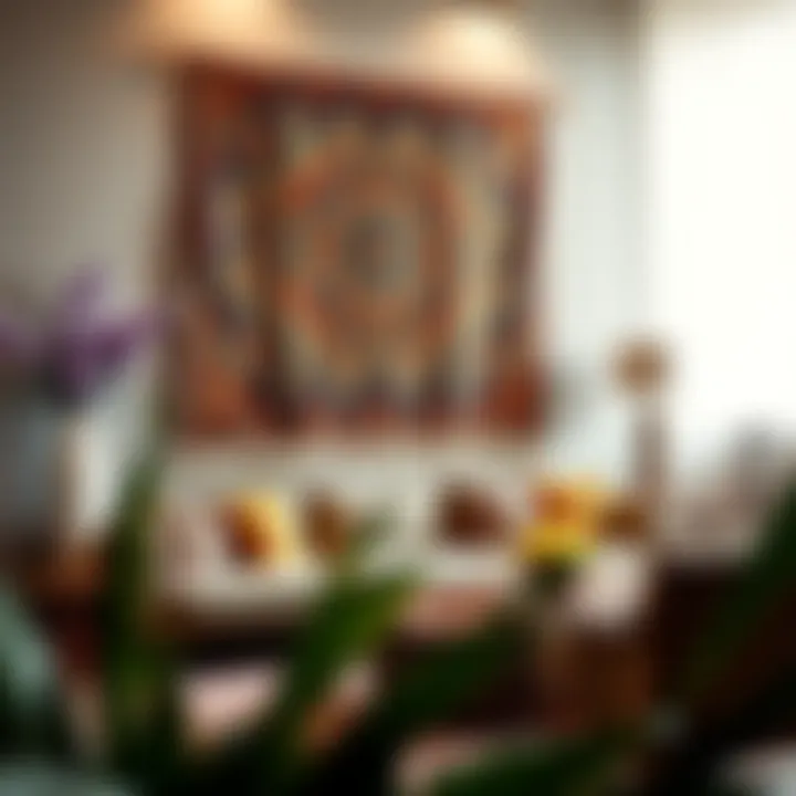 Artistic fabric wall hanging with vibrant patterns