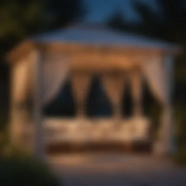 Cozy fabric gazebo set up for relaxation with ambient lighting