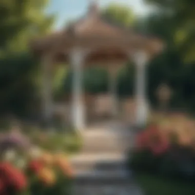 Beautifully decorated garden gazebo with floral arrangements