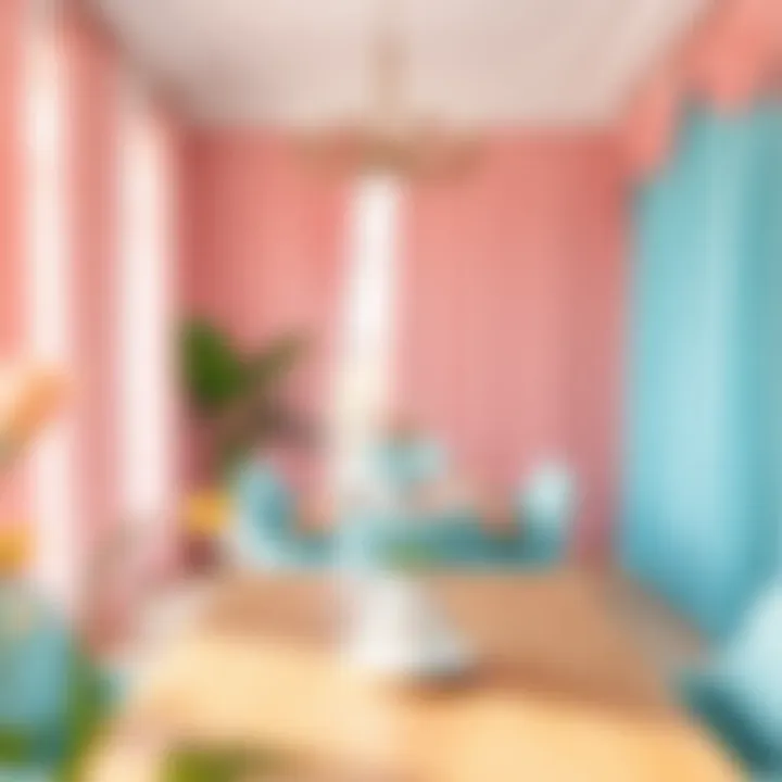 Inviting Dining Area with Pink and Aqua Drapes A stylish dining area enhanced by pink and aqua drapes, creating an inviting atmosphere.