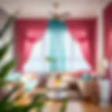 A cozy living room adorned with pink and aqua curtains, showcasing a harmonious blend of colors.