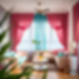 A cozy living room adorned with pink and aqua curtains, showcasing a harmonious blend of colors.