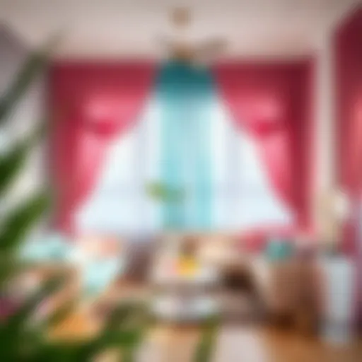 A cozy living room adorned with pink and aqua curtains, showcasing a harmonious blend of colors.