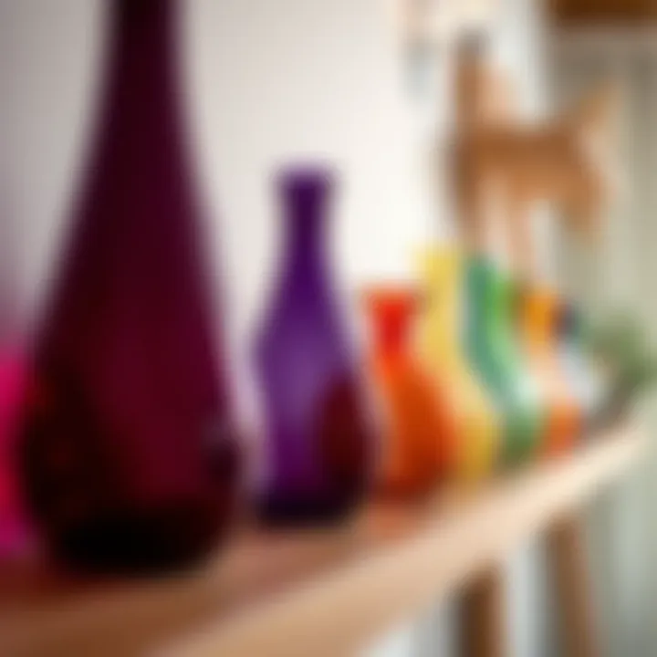Colorful glass vases displayed on a shelf
