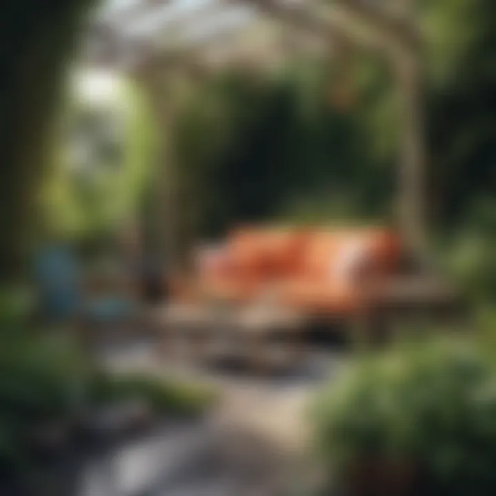 Sustainable Garden Furniture A vibrant garden with sustainable furniture options
