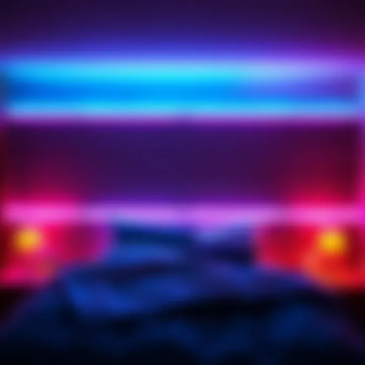 Colorful LED strip lights around a cozy bed