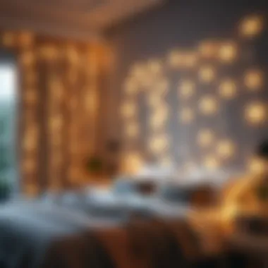 Whimsical fairy lights draped across a bedroom wall