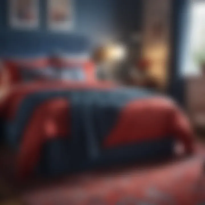 A cozy bedroom featuring a combination of red and blue bedding