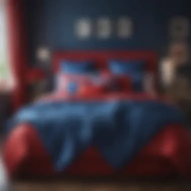 A vibrant interior showcasing red and blue bedding