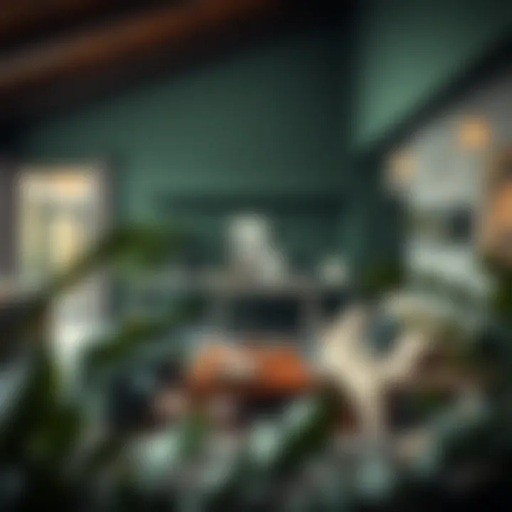 Stylish living space featuring forest green laminate accents