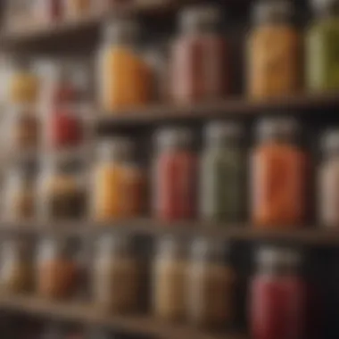 Artistic display of colorful spices in glass jars