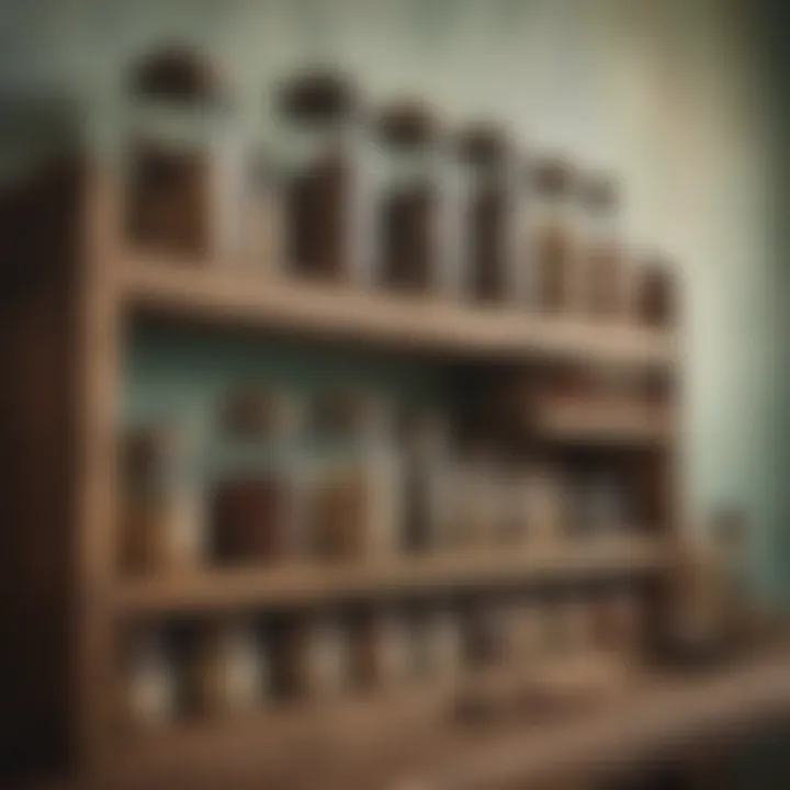 Vintage spice jars arranged on a rustic shelf