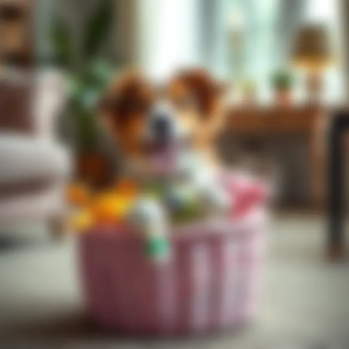 Happy Dog Playing with Toys from Pink Basket Happy dog playing with toys from a pink basket