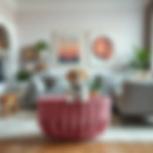 Stylish pink dog toy basket in a modern living room