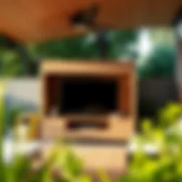 A sleek outdoor TV lift cabinet blended with natural surroundings.