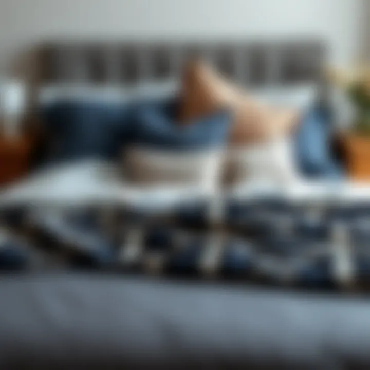 Artistic Pillow Arrangement on Comforter Set Artistic arrangement of pillows and throws on a navy blue and gray comforter