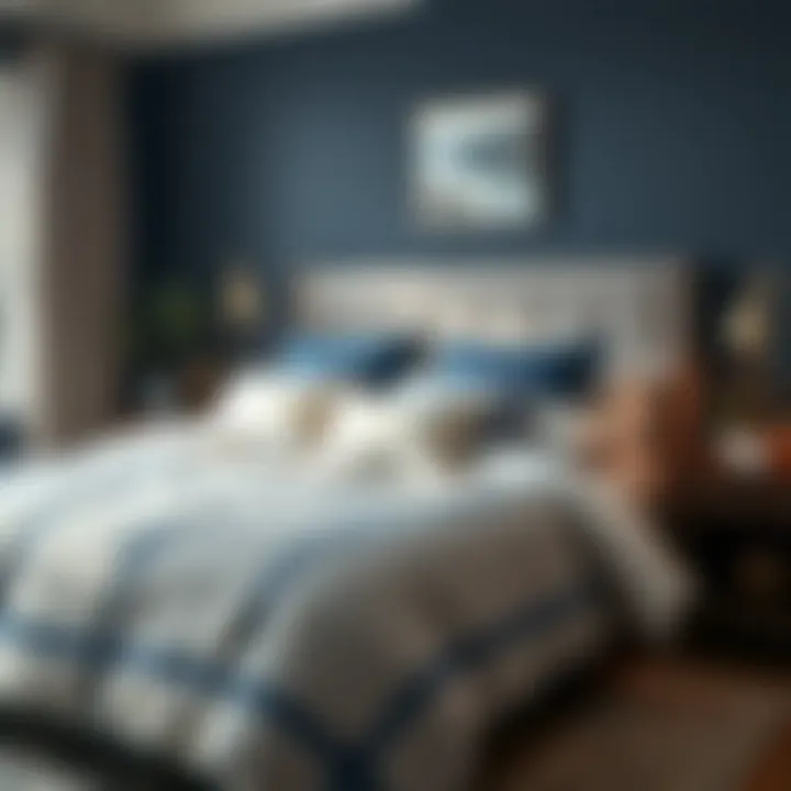 Cozy Bedroom with Navy Blue and Gray Elements Cozy bedroom atmosphere featuring navy blue and gray decor elements