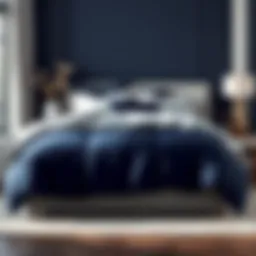 Elegant setup of navy blue and gray comforter set on a modern bed