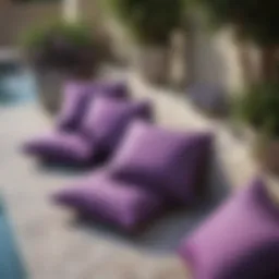 Elegant purple outdoor cushion covers arranged on a patio