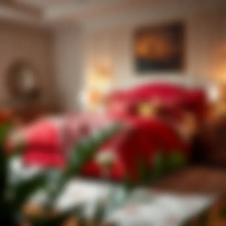 Luxurious red bed set styled in an elegantly furnished bedroom