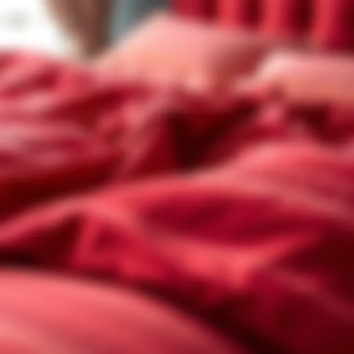 Close-up of red bed set showing rich textures and fabric details