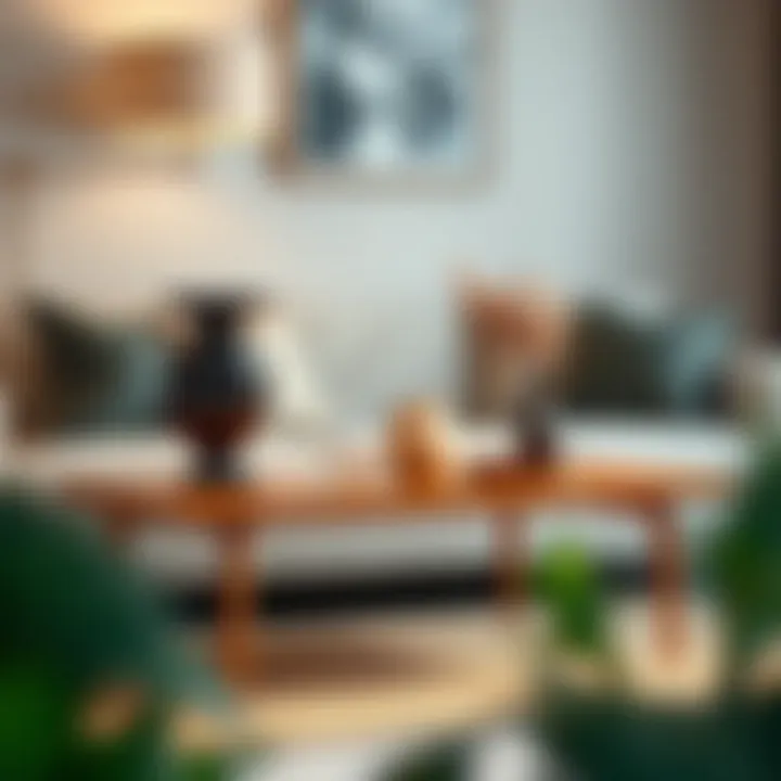 Stylish extra wide side table complemented by decorative items