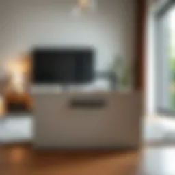 Elegant Lego storage box with a stylish handle displayed in a modern living room.