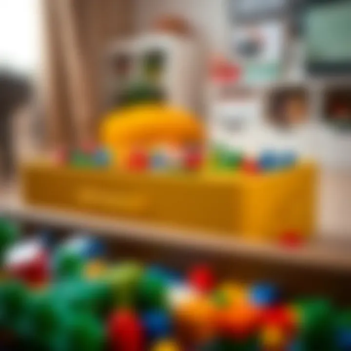 Lego box with handle organizing various Lego pieces in a child's playroom.