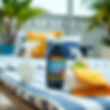 Essential Care for Cabana Stripe Cushions Maintenance tools for cabana stripe chaise lounge cushions including cleaning products