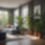 A stunning arrangement of extra wide plant pots in a modern living space, showcasing different plant varieties.