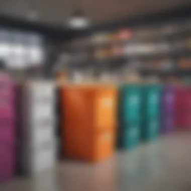 Colorful 10x10x10 storage bins organizing a workspace