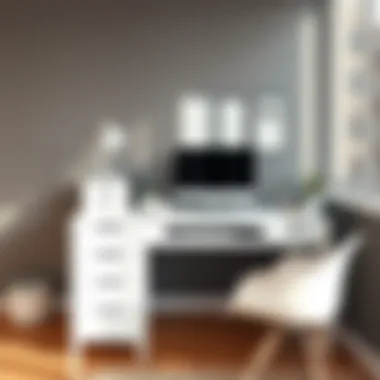 Modern Workspace Featuring White Desk with Keyboard Drawer Contemporary workspace highlighting a white desk with a sleek keyboard drawer