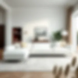 Elegant white long couch with accent pillows in a modern living room