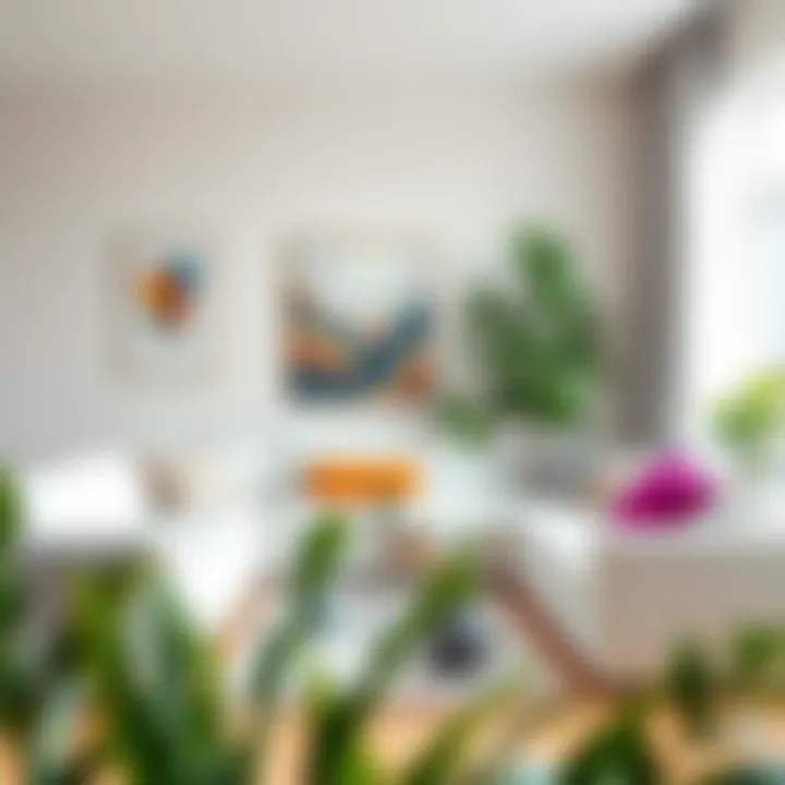 White Couch Styled with Art and Greenery White long couch styled with colorful artwork and plants