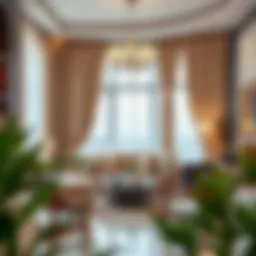 Luxurious living room adorned with extra long faux silk curtains