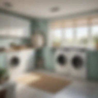 A well-organized laundry room featuring a fold-out drying rack, emphasizing sustainable home practices.