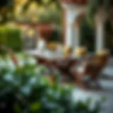 Elegant outdoor dining bench with cushions in a garden setting