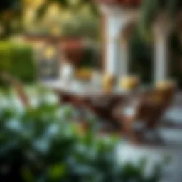 Elegant outdoor dining bench with cushions in a garden setting