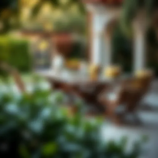 Elegant outdoor dining bench with cushions in a garden setting