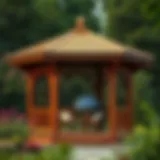 Elegant wooden gazebo nestled in a lush garden