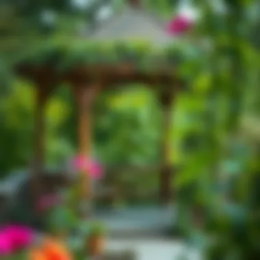 Rustic Gazebo Surrounded by Nature's Beauty Rustic gazebo adorned with climbing vines and flowers