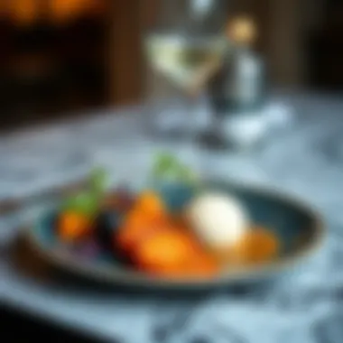 Artfully presented dish on a small dinner plate emphasizing presentation