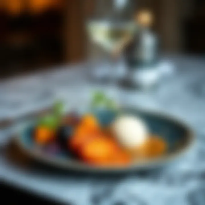 Artfully presented dish on a small dinner plate emphasizing presentation