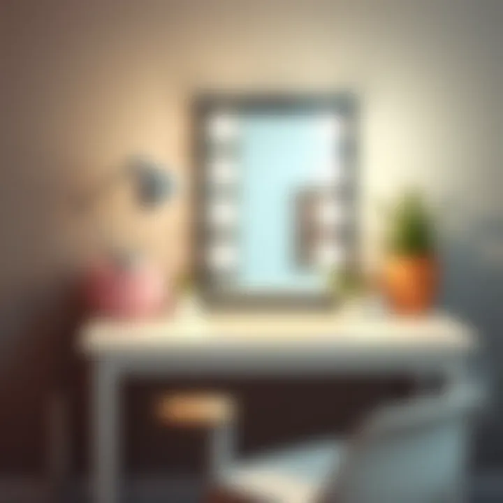Stylish Desk Setup with Vanity Mirror Stylish desk setup featuring a vanity mirror with lights