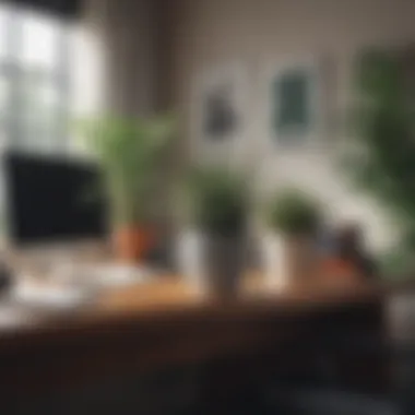 An artistic arrangement of spiky plants and modern decor in a home office