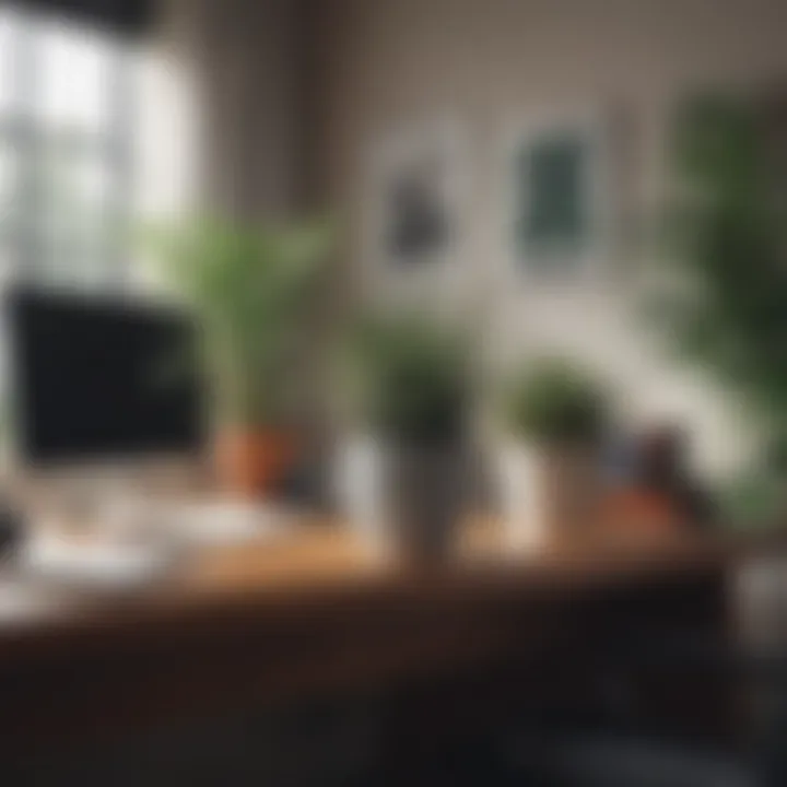 An artistic arrangement of spiky plants and modern decor in a home office